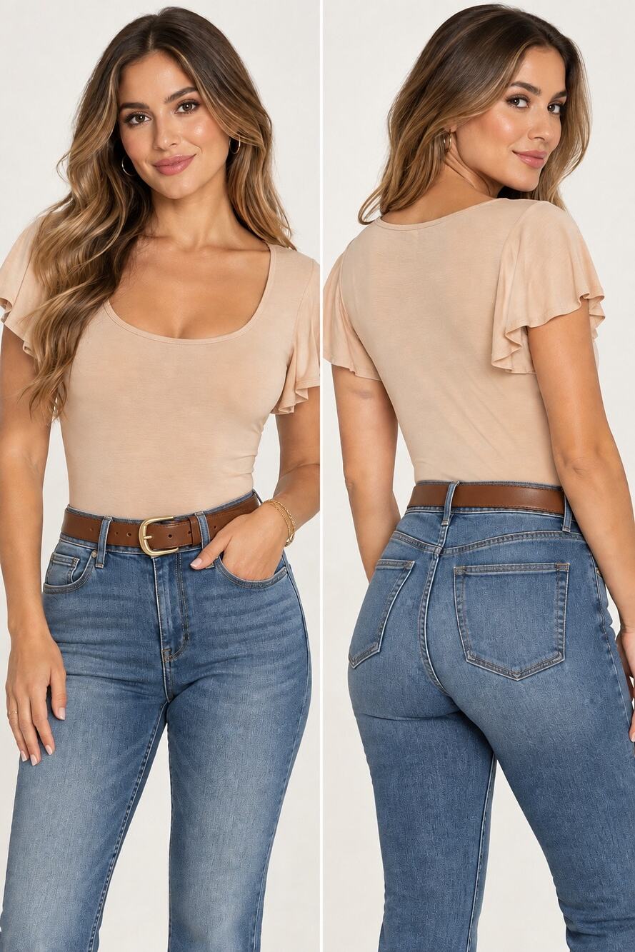 Sofia Jeans by Sofia Vergara Beige Flutter Sleeve Thong Bodysuit Size L NWT